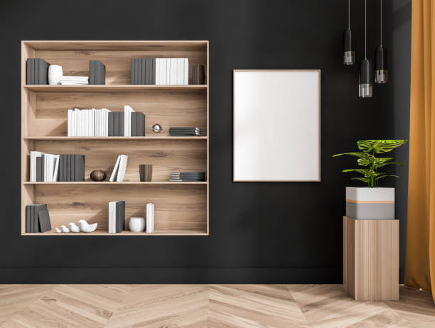 istock Dark living room interior with empty white poster, shelves 1373435617