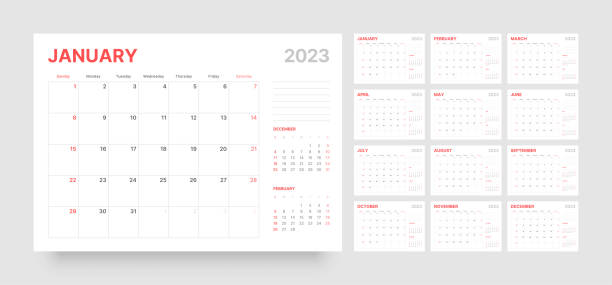 Monthly calendar for 2023 year. Starts on Sunday. Monthly calendar template for 2023 year. Week Starts on Sunday. Wall calendar in a minimalist style. kalender stock illustrations