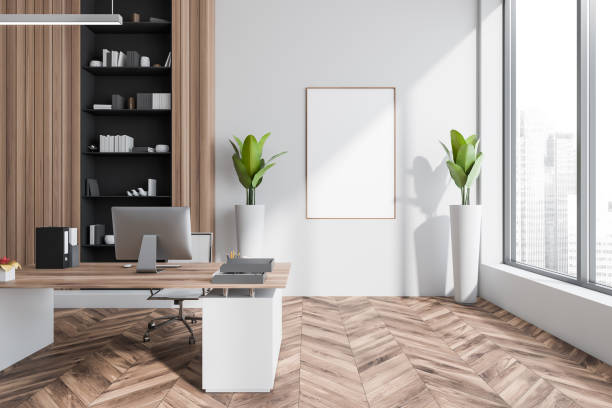 istock Light manager room interior with desk and computer, window. Mockup poster 1373442641