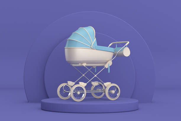 Modern Blue Baby Carriage, Stroller, Pram over Violet Very Peri Cylinders Products Stage Pedestal on a Violet Very Peri background. 3d Rendering