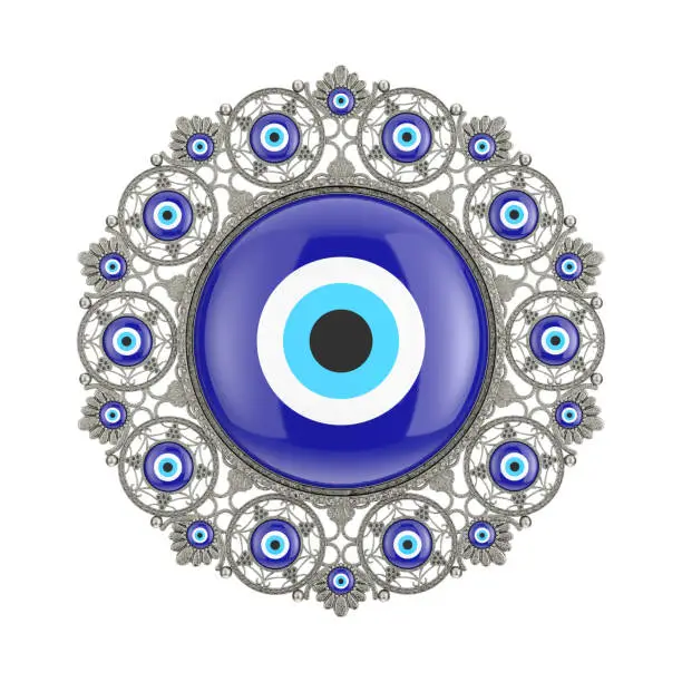 Photo of Beauty Turkish Silver Evil Eye Amulet, Talisman or Brooch. 3d Rendering