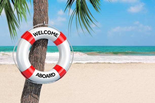 White Life Buoy with Welcome Aboard Sign Hanging on a Palm Tree on an Ocean Sand Beach background. 3d Rendering