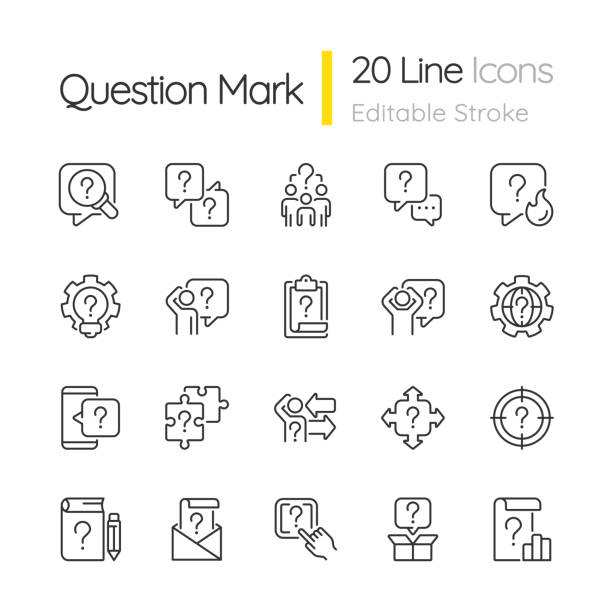 ilustraciones, imágenes clip art, dibujos animados e iconos de stock de conjunto de iconos lineales de signo de interrogación - decisions what question mark asking