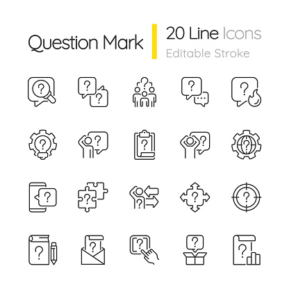 Question mark linear icons set. Information and communication system. Customizable thin line symbols. Isolated vector outline illustrations. Editable stroke. Quicksand-Light font used
