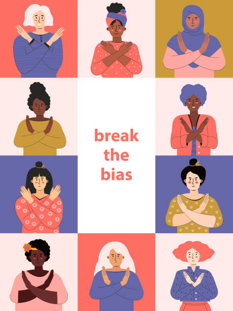 ilustrações de stock, clip art, desenhos animados e ícones de break the bias. women's international day 8th march. iwd. group people with different skin color cross their arms in protest. women's movement against discrimination, stereotypes. vector flat poster - mundial 2022