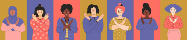 ilustrações de stock, clip art, desenhos animados e ícones de break the bias. women's international day 8th march. iwd. group people with different skin color cross their arms in protest. women's movement against discrimination, stereotypes. horizontal banner - mundial 2022