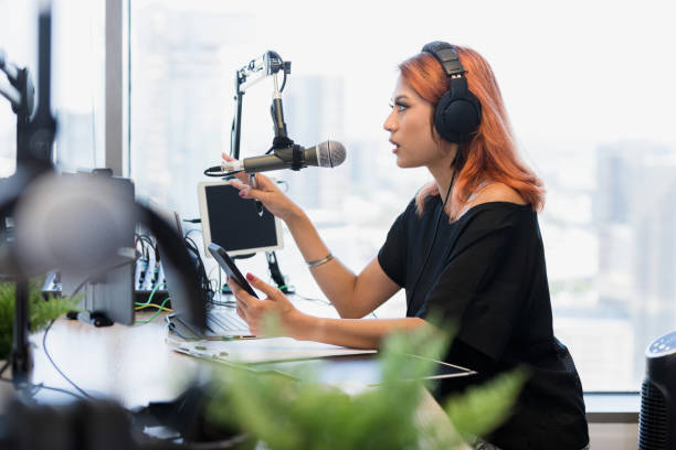 istock Profile view female podcaster interviewing unseen guest 1373466108