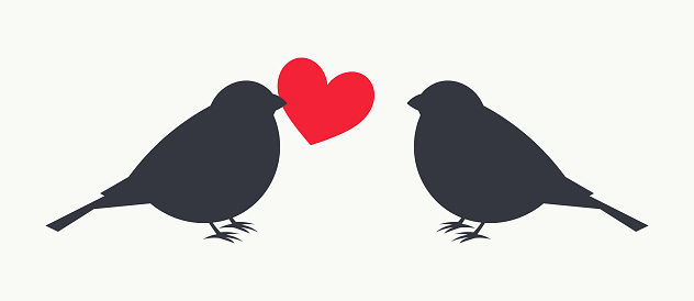 Birds with red Valentine heart. Vector illustration.