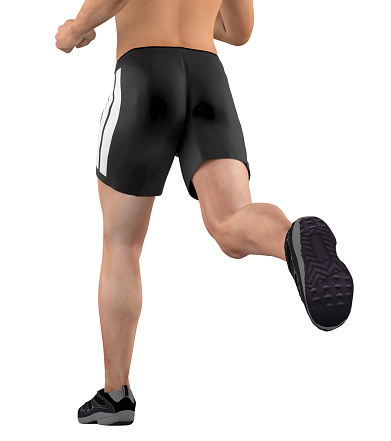 3D illustration of a man running. Angle emphasizing the back foot. Isolated on white background. Great to be used for works of health and lifestyle.
