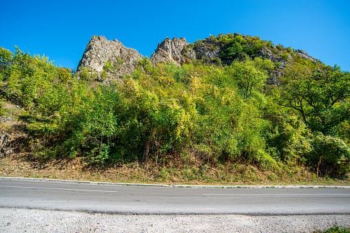Asphalt road and green forest with mountain nature landscape in Djerdap Gorge. Serbia. High quality photo