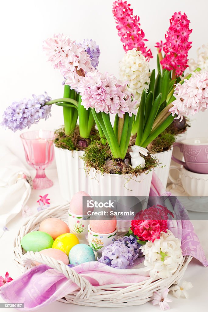 Easter table arrangement Easter table arrangement with hyacinths and eggs Arrangement Stock Photo