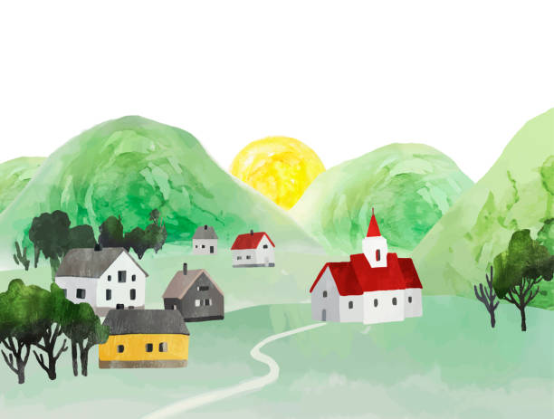 skandinavische aquarelllandschaft mit hügeln, gemütlichen häusern, kirche und sonnenaufgang. vektorillustration für poster, postkarte, banner - clear sky village landscape landscaped stock-grafiken, -clipart, -cartoons und -symbole