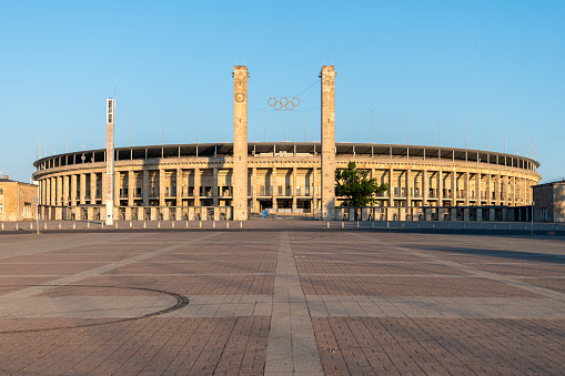 Novara, Italy – May 7, 2019: Empty football stadium seen from the parking lot in front. Stadio Silvio Piola, street John Fitzgerald Kennedy, hosts about 18,000 spectators