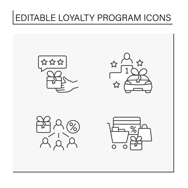 illustrazioni stock, clip art, cartoni animati e icone di tendenza di set di icone delle linee dei programmi fedeltà - car vector incentive customer