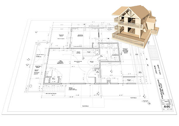 Home Model on Blueprint Plan 3D Cabin model atop a floor plan. autocad house plans stock pictures, royalty-free photos & images