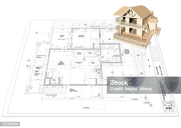 Casa Modelo Na Cópia Heliográfica Plano - Fotografias de stock e mais imagens de Planta de piso - Planta de piso, Cabana de Madeira, AutoCAD