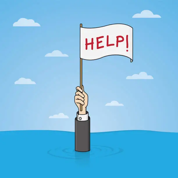 Vector illustration of Drowning businessman holding a help written white flag