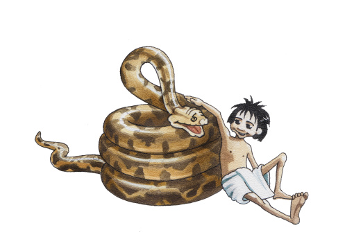 Boy Mowgli and python of Ka. Hand drawing watercolor.