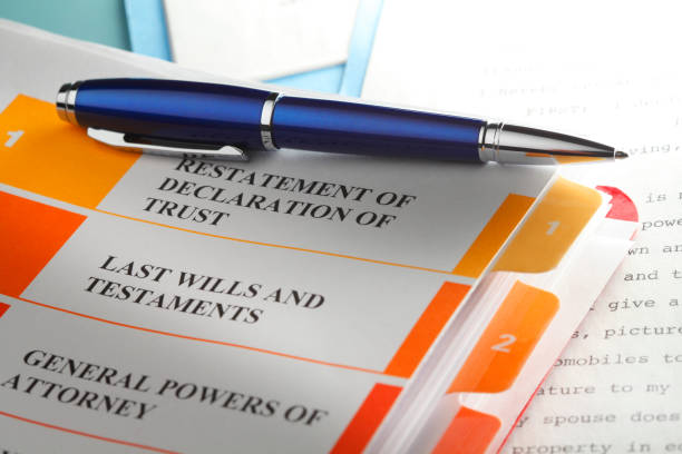 Ballpoint Pen Resting On Top Of Trust Documents A blue ballpoint pen rests on top of trust documents. Photographed with a very shallow depth of field. estate planning stock pictures, royalty-free photos & images