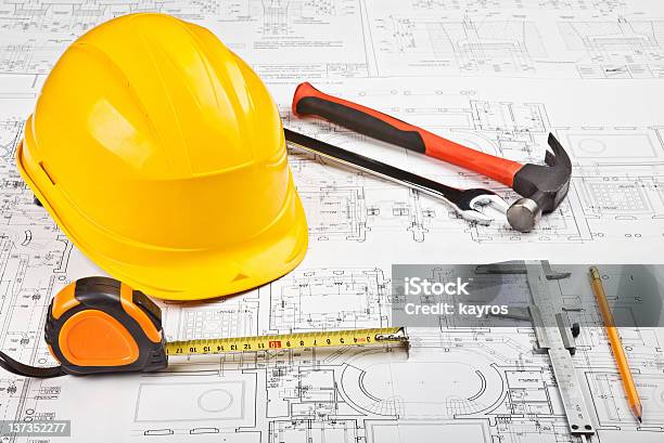 Construction Tools On A Buildings Blueprint Stock Photo - Download Image Now - Architect, Architecture, Blank