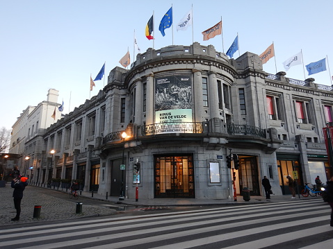 Bozar museum in Brussels, Belgium, with European flags