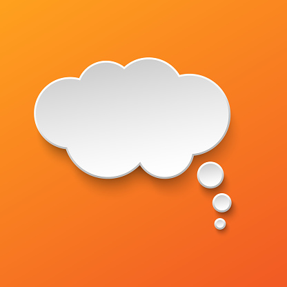 Vector white blank paper speech bubble on orange gradient background. Realistic 3d illustration. Cloud shape. Template for your design.