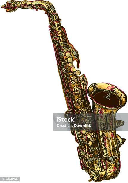 Ilustración de Saxofón Aislado Sobre Fondo Blanco y más Vectores Libres de Derechos de Saxofón alto - Saxofón alto, Jazz, Anticuado