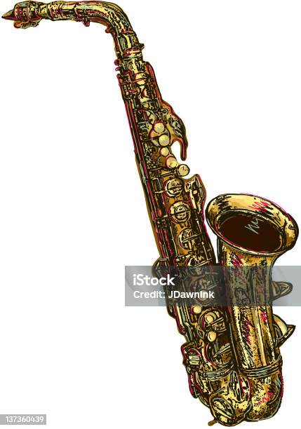 Saksofon Na Białym Tle - Stockowe grafiki wektorowe i więcej obrazów Saksofon altowy - Saksofon altowy, Jazz, Antyczny