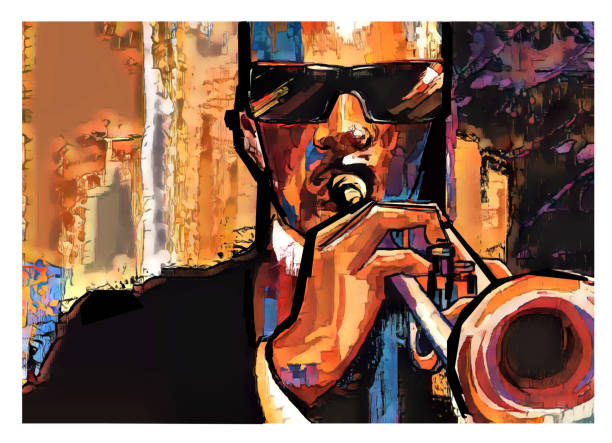 ilustraciones, imágenes clip art, dibujos animados e iconos de stock de trompetista sobre fondo grunge - brass instrument jazz brass trumpet