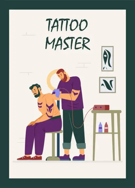 Vector illustration of Tattooing process in professional salon or studio, poster template - flat vector illustration.