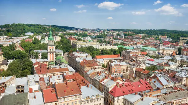 Panoramic view of the rooftops of the old city in Lviv, Ukraine at sunny day