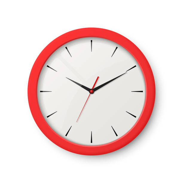 Vector 3d Realistic Red Wall Office Clock Isolated on White. White Dial. Design Template of Wall Clock Closeup. Mock-up for Branding, Advertise. Top, Front View Vector 3d Realistic Red Wall Office Clock Isolated on White. White Dial. Design Template of Wall Clock Closeup. Mock-up for Branding, Advertise. Top, Front View. timer stopwatch red isolated stock illustrations