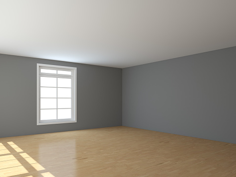 Empty Interior Corner with a White Window, Light Glossy Parquet and Gray Walls