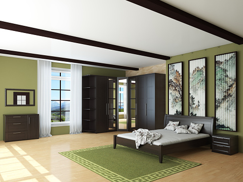 Bedroom Interior with Green Walls, Brown Wardrobe, Bed with Light Linens, Bedside Table, Green Carpet, Ladies Table with Mirror and Hanging Decorative Pano on the Wall. 3D Illustration, 7680x5760
