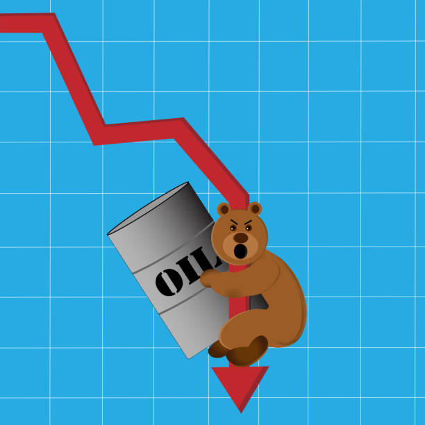 Bear with oil barrel Bear holds oil barrel while dropping with red arrow. climate change money stock illustrations