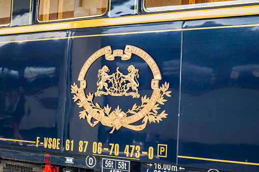 Ruse city, Bulgaria - August 29, 2017. The legendary Venice Simplon Orient Express is ready to depart from Ruse Railway station. Sleeper. The luxury train travels between Paris and Istanbul.