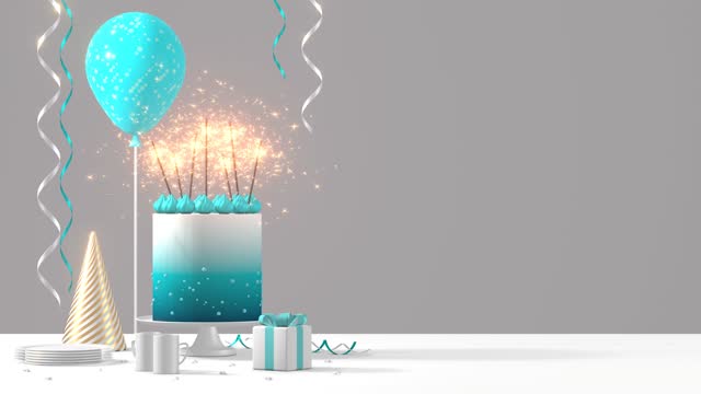 Birthday party decor 3d animation 4K background includes a cake with burning sparklers, a balloon and a gift box. Festive decorations with copy space