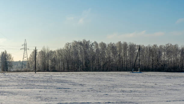 istock In background high-voltage electricity power pylon on snowy field with trees. High voltage poles on blue sky background. 1373688873