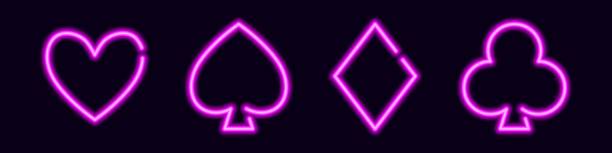 Neon card suit signs Neon card suit signs. Purple clubs and spades for gambling poker game. Glowing heart and diamonds for lucky vector win and jackpot hearts playing card stock illustrations