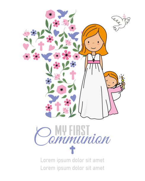 ilustraciones, imágenes clip art, dibujos animados e iconos de stock de tarjeta mi primera comunión. niña y ángel con una cruz al fondo - dibujo comunión