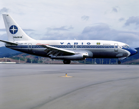 Guarulhos International Airport, Brazil - May, 6th, 1994, Boeing 737-200 in old style livery, registration PP-VMI, preparing to take-off, image scanned directly from 6 x 7 slide frame.\nVarig Airlines from 1965 until 1990, it was Brazil's leading airline, however after this period the company stated to live a progressive financial decline process, and in 2006, it ceased all operations, and filed for bankruptcy.