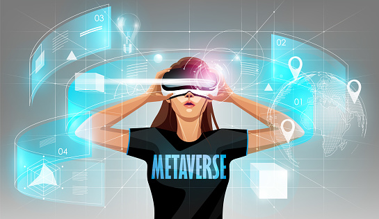 Metaverse digital cyber world technology, Woman holding virtual reality glasses surrounded with futuristic interface 3d hologram data, vector illustration eps10