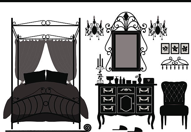 królewskiej sypialni pokój stare zabytkowe meble wiktoriańskie - mirror ornate silhouette vector stock illustrations