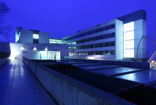 Modern commercial building exterior in blue color