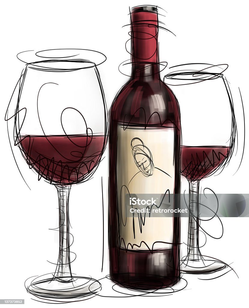 Red wine A sketchy, red wine bottle with two full wine glasses. Line Art stock illustration