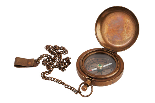 Pocket antique brass compass with chain on white background