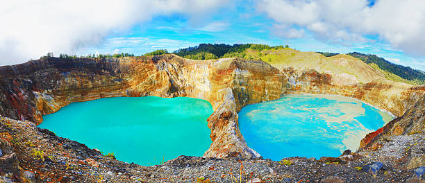 Kelimutu lakes separated in a crater stock photo