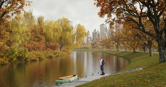 Digitally generated beautiful autumn scenery in park.\n\nThe scene was rendered with photorealistic shaders and lighting in Corona Renderer 7 for Autodesk® 3ds Max 2022 with some post-production added.