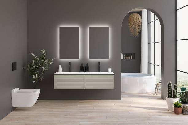istock Minimalist black bathroom interior with brown parquet floor. 1373772443