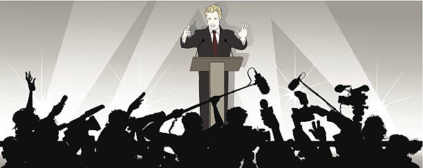 speaker addresses an audience Vector illustration of a speaker addresses an audience in a political campaign interview event silhouettes stock illustrations